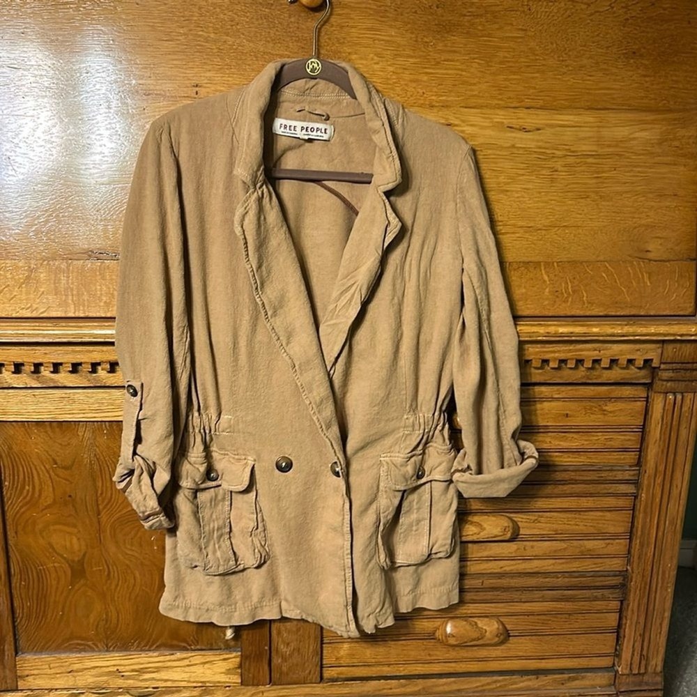 Free People Tan Linen Blend Boho‎ Chic Charly Utility Safari Blazer Jacket Cargo